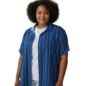 French Twist Women's Front Button Top Blue Stripe Short Sleeve Plus Size 3X
